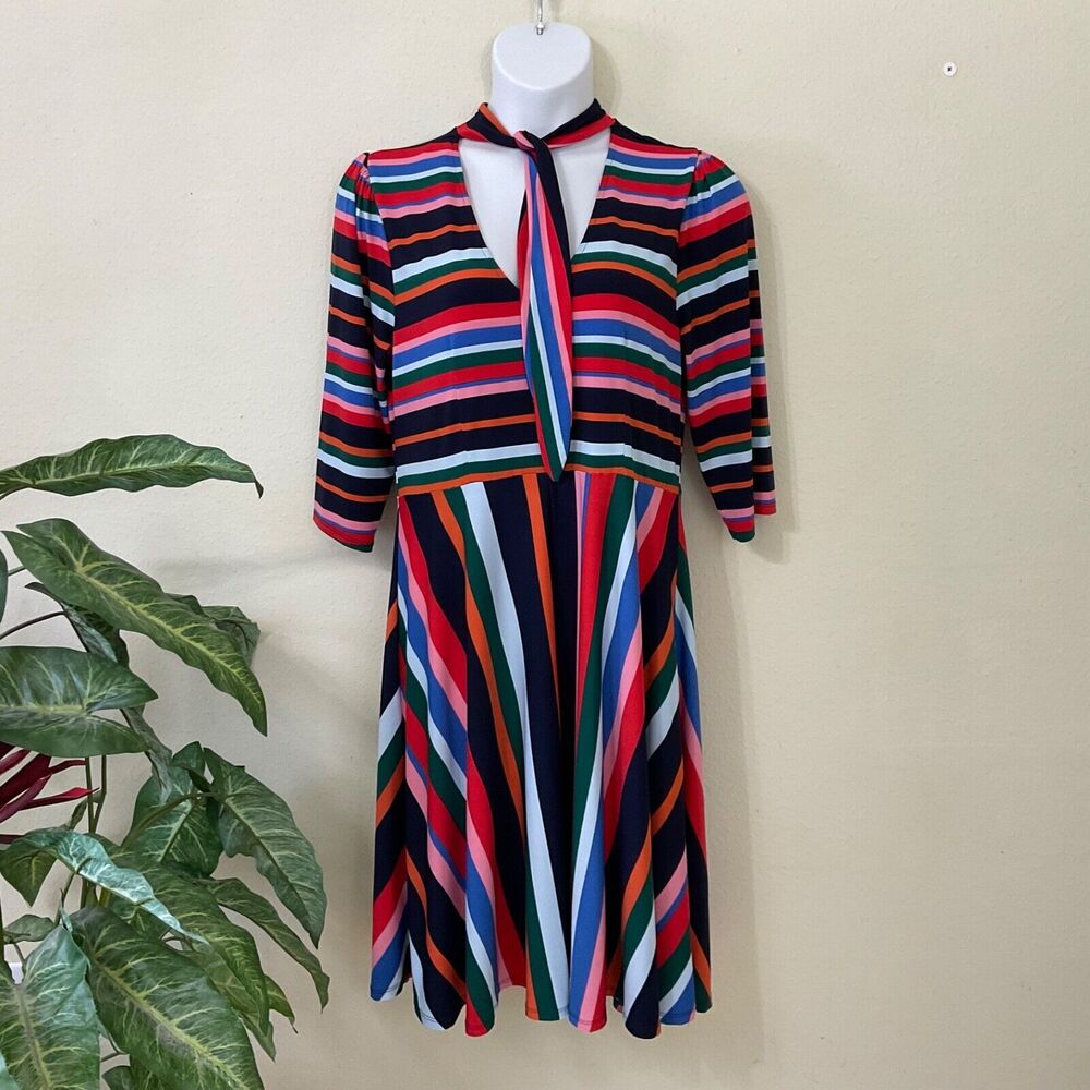 Eloquii Womans plus size 16 Striped Dress Neck Tie Stretch Short Sleeve